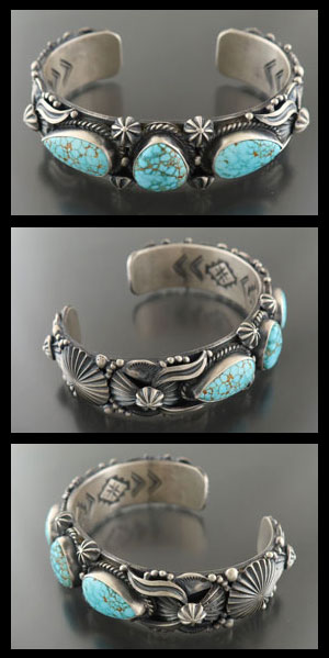 NAVAJO ナバホ ゴードン クラスターターコイズ装飾 シルバーバングル インディアンジュエリーの専門販売ショップ【BRONCO】